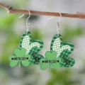 St. Patrick's Tag Holz Herz Kleeblatt Ohrringe, festliche grüne karierte Ohrhänger Damen. - St Patrick's Day Kariertes Herz Stil (SHE2574)