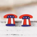 Close-up shot of patriotic Uncle Sam hat wooden stud earrings in red, white and blue. - Independence Day Traditional Top Hat Style (SHE740)