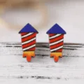 Close-up detail of patriotic firecracker wooden stud earrings with red white and blue design. - Striped Rocket Fireworks Shape Style (SHE742)