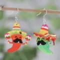 Schöne hölzerne mexikanische Chili Ohrringe mit Sombrero, farbenfrohe Festival Ohrhänger. - Cartoon Chili Stil (SHE2777)