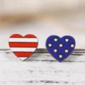 American Independence Day red white blue wooden heart stud earrings, retro star stripe style - Asymmetric Stripes Starry Heart Style (SHE739)