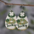 St. Patricks Day Tropfen PU Leder Ohrringe mit Kleeblatt und Lippen Druck, beidseitig. - Lucky Lippen Kleeblatt Stil (SHE427)