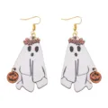 Halloween Geist Holzohrringe mit Blumenkranz und suesser Kuerbis Anhaenger, festlicher Schmuck. - Kranz Geist Kürbis Stil (077)