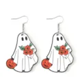 Halloween Geist Holz Deko Ohrringe mit Kuerbis und roten Blumen Design Variante - Geist Mit Roter Blume Stil (1132)