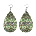 St. Patrick's Day Tropfen Ohrringe Grüne Kleeblatt Leoparden Print PU Leder Schmuck - Lucky Schriftzug Träne (Leder 12)