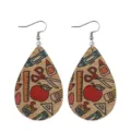 Wooden teardrop earrings featuring school theme prints like pencils and rulers, detailed close-up. - Multicolor