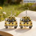 Sunflower truck acrylic drop earrings, farmhouse rustic plaid bow jewelry gift for women. - Yellow