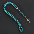 Blue faux pearl rosary necklace with silver crucifix, long sweater chain for men and women. - Sky Blue