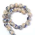 Ceramic pumpkin bead detail closeup, glazed striped round bead DIY jewelry component. - Striped Pumpkin Round Bead (T7410) / Beige Blue Gradient