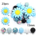 Perles en silicone 23pcs 15mm marguerite imprimé floral perles en vrac pour bijoux DIY bracelets. - Ensemble Floral Bleu / 23 Pièces/Paquet