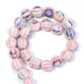 Pink glazed ceramic striped pumpkin beads for DIY bracelet necklace jewelry making accessories. - Striped Pumpkin Round Bead (T7410) / Pink