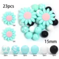 Kit de perles en silicone DIY avec tournesol et perles rondes, idéal pour bracelets et bijoux faits main. - Ensembles à motifs bleu et blanc / 23 Pièces/Paquet