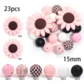 Kit de 23pcs Perles en Silicone Tournesol 15mm Perles Rondes Imprimées DIY Bijoux - Floral Rose / 23 Pièces/Paquet