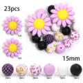 Lot de 23 perles en silicone 15mm tournesol marguerite floral et perles rondes pour fabrication bijoux - Ensembles fleurs violettes / 23 Pièces/Paquet