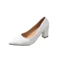 Elegant white pointed toe chunky block high heel pumps for women, stylish fashion footwear. - 35 / White