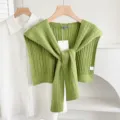 Green knitted faux-shawl scarf layered with white shirt, stylish autumn spring outerwear. - Twist - Grass Green