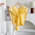 Women's yellow knit shawl sweater, lightweight pullover cape for layering and AC room comfort. - Double Label Knitted Shawl - Pale Yellow