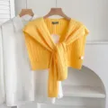 Women cable knit yellow shawl sweater scarf layered with white shirt top elegant fashion - Twist - Goose Yellow