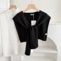 Women's knit shawl layered with white shirt, stylish autumn outerwear and versatile clothing. - Twisted Black