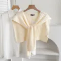 Knit shoulder shawl layered with white shirt minimalist neutral aesthetic daily chic apparel - Twist Pattern - Cream White