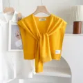 Yellow knitted solid color shawl detail, lightweight cozy open front cardigan cape for women. - Double Label Knitted Shawl - Ginger Yellow