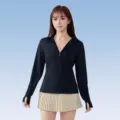Chaqueta de protección solar negra para mujer, con capucha y aberturas para los pulgares. - M / Negro premium (estilo con capucha)