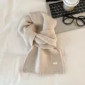 Cozy beige knit scarf for women, soft winter warm thick solid color neck wrap for daily wear. - 15 Oatmeal