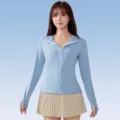 Women's light blue sun protection jacket, UPF50+ hooded outdoor UV block zip hoodie top. - Blue