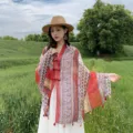 Colorful square printed pan-kou shawl sun-protection silk scarf cape for women summer beach. - WM550 Red Geometric