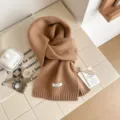 Brown pure wool knitted scarf, soft warm winter neckwear, cozy aesthetic apparel item. - 160x20cm / Camel