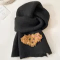 Cute winter knitted scarf for women with fluffy bear applique, thick, warm, and cozy neck. - Black