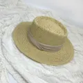 French style flat top straw hat with ribbon detail, elegant wide brim sun hat for summer. - M (56-58cm) / Beige with Beige Band