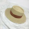 Elegant women flat top straw hat with brown ribbon wide brim summer sun protection cap - M (56-58cm) / Beige with Red Ribbon