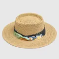 Stylish women's straw hat with tropical print band, wide brim flat top sun hat for beach. - M (56-58cm) / Coffee with Floral Ribbon