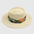 Detailed view of beige straw flat top hat with floral ribbon, wide brim summer sun hat. - M (56-58cm) / Beige with Floral Ribbon