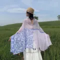 Women's spring summer sunscreen shawl cape, color block floral design with tassels. - WM552 Blue and Pink Floral