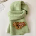 Green knitted scarf with cute fluffy bear plush patch winter warm cozy neckwear fashion item - Green