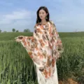 Women summer floral print poncho shawl lightweight beach sun protection cape with buttons. - WM554 Ink Flowers