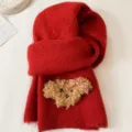 Red knitted scarf with cute bear plush applique, winter warm thick neck warmer for women. - Red