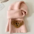 Pink knitted winter scarf for women, warm thick cozy neck warmer with cute bear plush patch. - Pink
