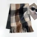 Classic plaid winter scarf with fringe hem, soft warm cozy checkered shawl for women. - 200x70cm - 280g / Khaki