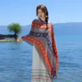 Women boho colorblock loop button cape shawl summer beach sun protection scarf outerwear - WM543 Blue & Orange