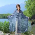 Blue floral print frog button cape women summer beach sun protection thin shawl outerwear - WM542 Small Floral Navy Blue