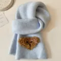 Light blue knitted scarf with cute fuzzy bear patch and bow, soft winter warm neck warmer. - Blue