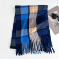 Blue and beige plaid winter scarf for women, featuring classic tartan pattern and stylish fringe. - 200x70cm - 280g / Blue Coffee Plaid