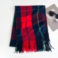 Cozy winter plaid scarf with stylish red blue and green tartan pattern and fringe details. - 200x70cm - 280g / Navy Blue and Red Grid