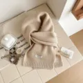 Oatmeal Beige 100% Wool Knitted Scarf for Women, Cozy Winter Warm Solid Color Scarf - 160x20cm / Beige