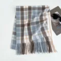 Detailed view of the cozy blue and white plaid winter scarf with elegant fringe trim. - 200x70cm - 280g / Light Gray Lines