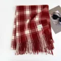 Cozy red and white plaid winter scarf with elegant fringe detail and soft woven texture. - 200x70cm - 280g / Red Checkerboard