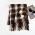 Cozy brown and white plaid winter scarf for women, elegant fringed warm neck wrap shawl. - 200x70cm - 280g / Checkered Squares - Coffee